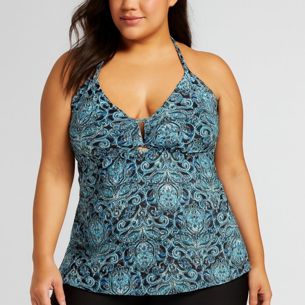Ibiza Tankini Swim Top Paisley Blue Black Adjustable Straps Back Hooks Size 3X